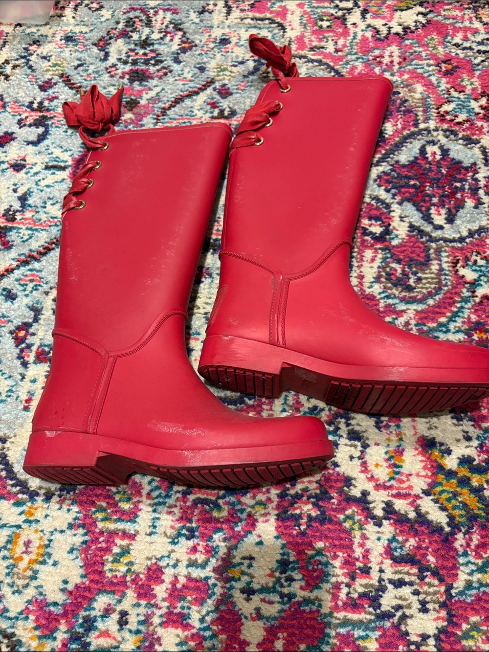 Coach Women's Red Lace-Up Tall Rain Boots